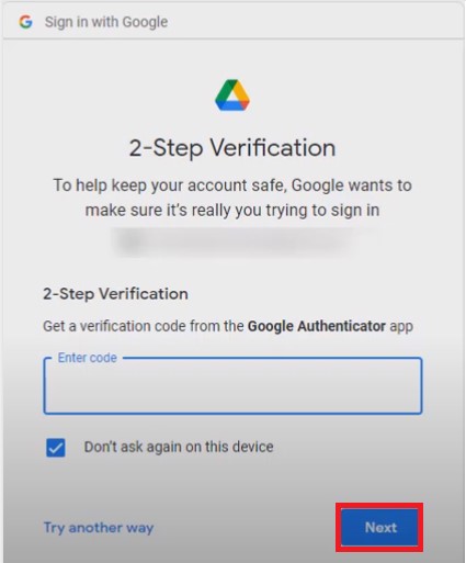 enter 2-step verification code