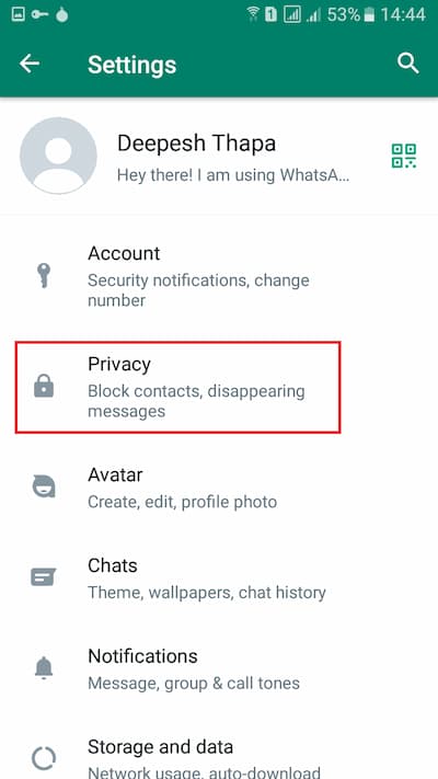 Tap Privacy Settings Whatsapp