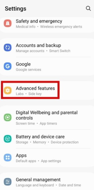 advanced features settings menu